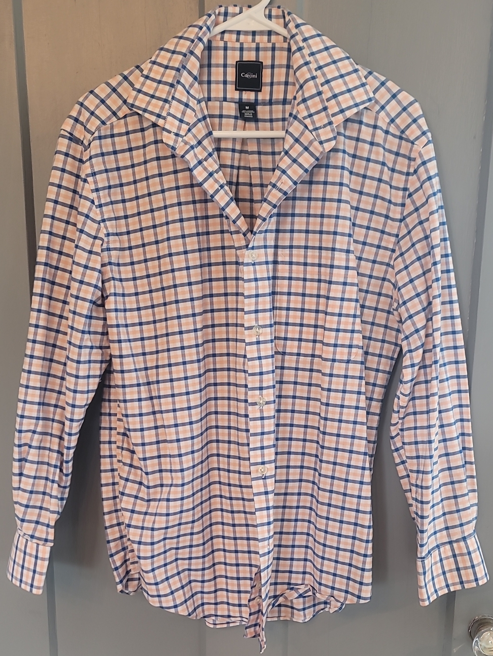 Corcini Men's Blue and Peach Plaid Dress Shirt